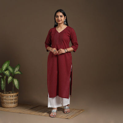 Maroon Pintuck Straight Cotton Jacquard Kurta