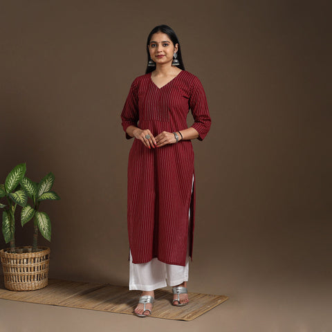 Maroon Pintuck Straight Cotton Jacquard Kurta