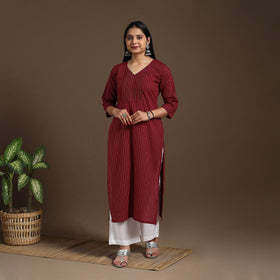 Maroon Pintuck Straight Cotton Jacquard Kurta
