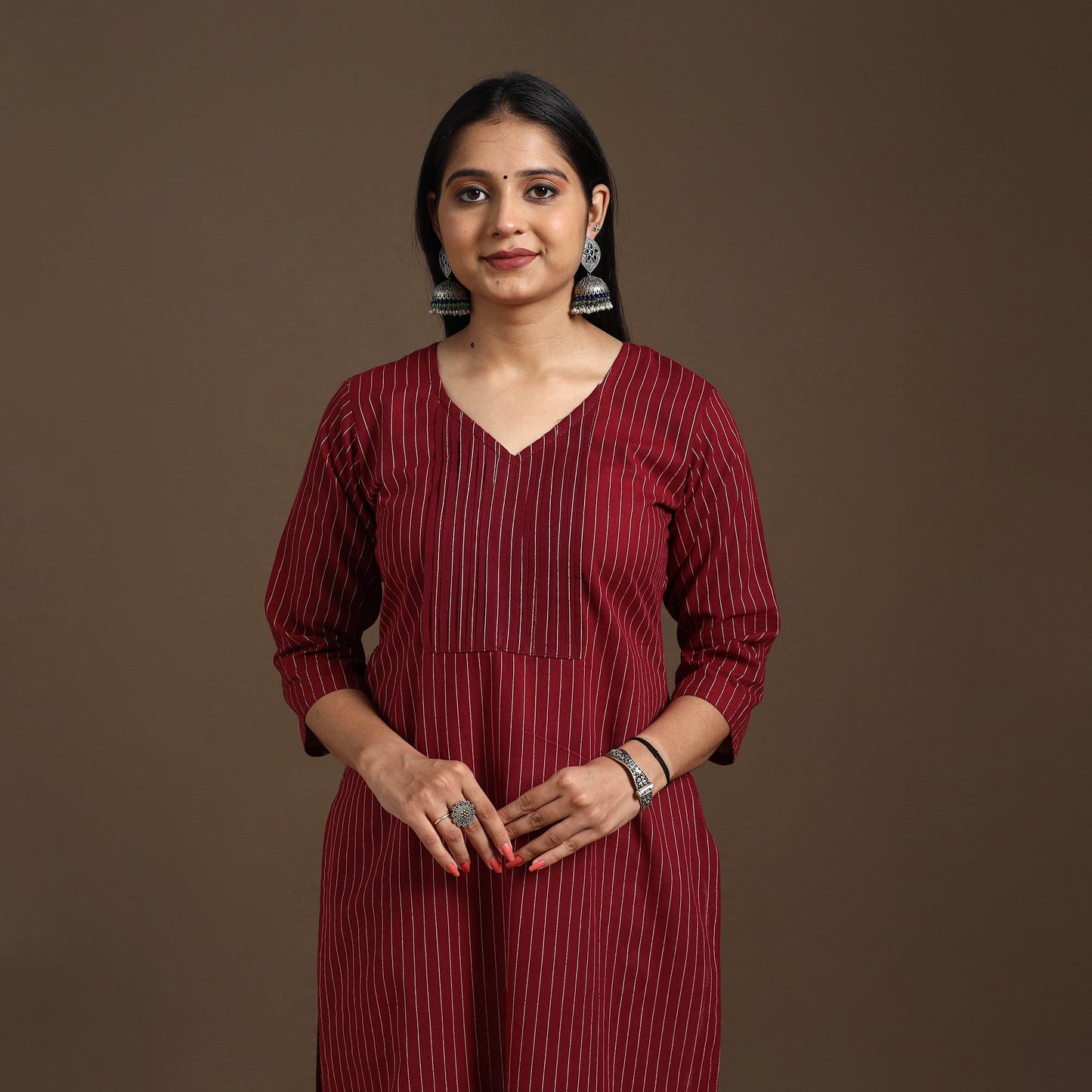 Maroon Pintuck Straight Cotton Jacquard Kurta