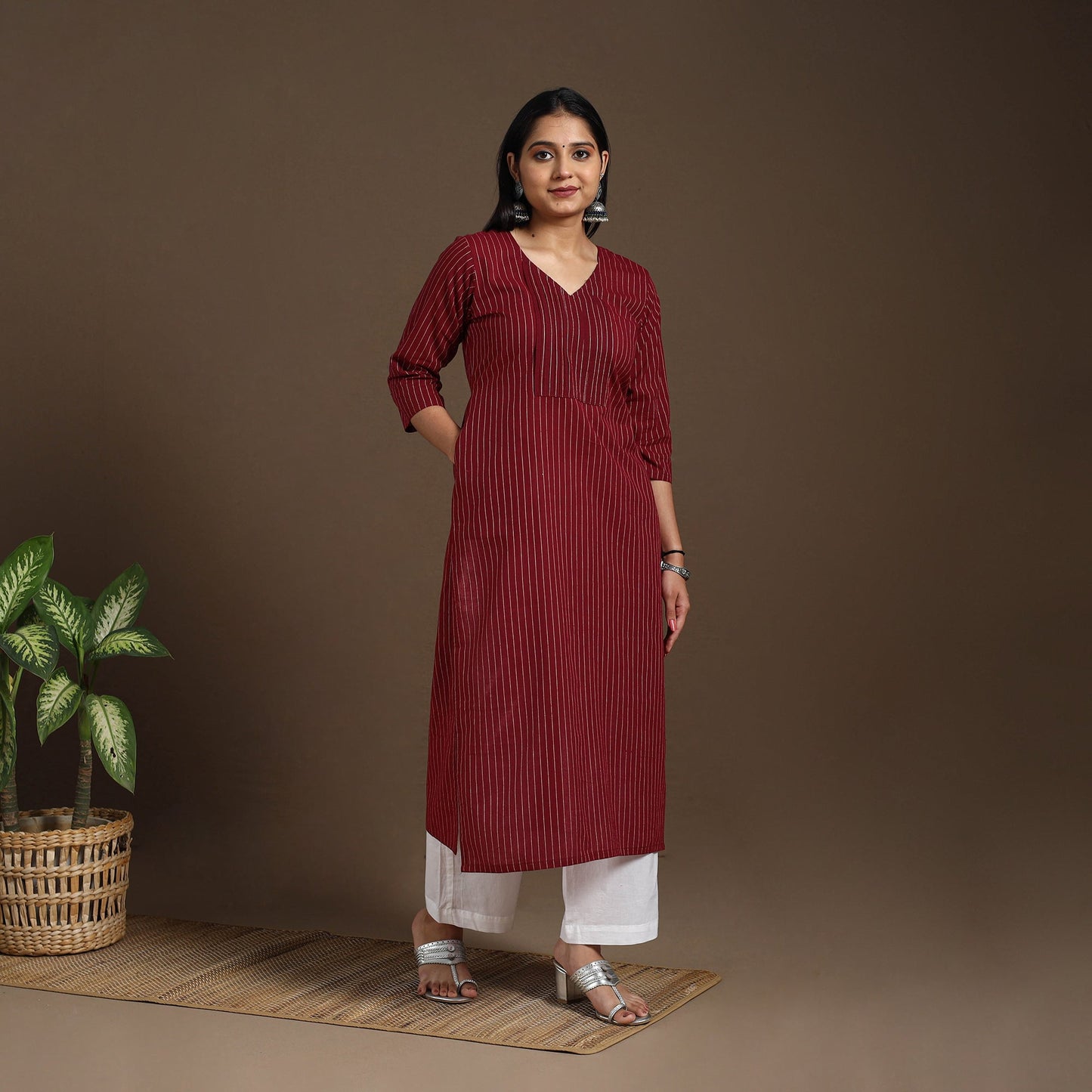 Maroon Pintuck Straight Cotton Jacquard Kurta