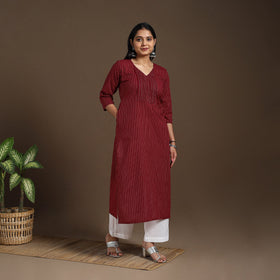 Maroon Pintuck Straight Cotton Jacquard Kurta