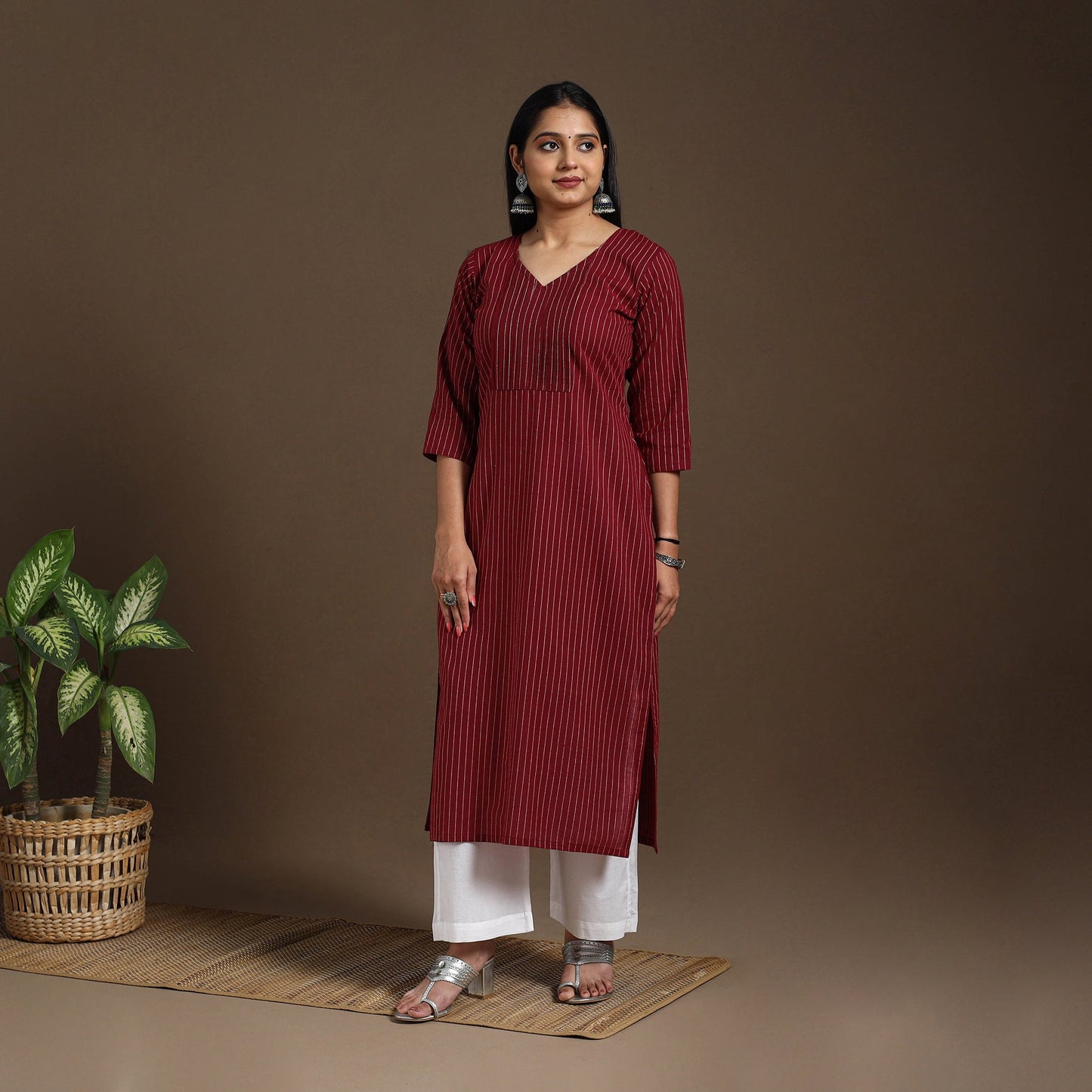 Maroon Pintuck Straight Cotton Jacquard Kurta