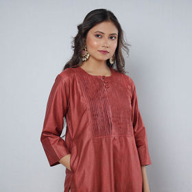 Maroon - Pintuck Tussar Silk Plain Long Kurta