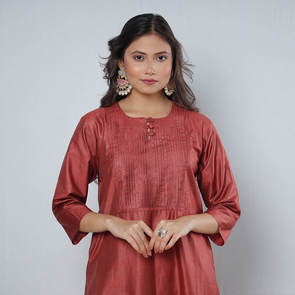 Maroon - Pintuck Tussar Silk Plain Long Kurta