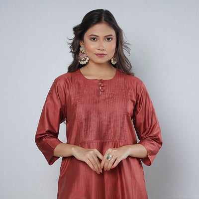 Maroon - Pintuck Tussar Silk Plain Long Kurta