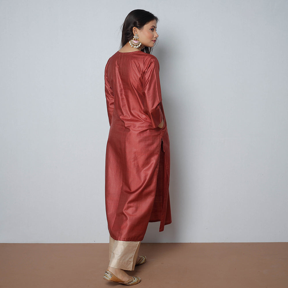 Maroon - Pintuck Tussar Silk Plain Long Kurta