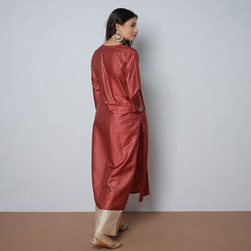 Maroon - Pintuck Tussar Silk Plain Long Kurta