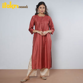 Maroon - Pintuck Tussar Silk Plain Long Kurta