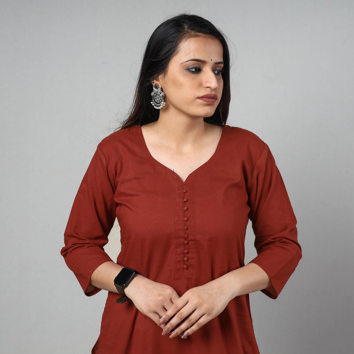 Maroon plain cotton long kurta - handcrafted