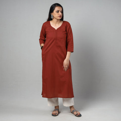 Maroon plain cotton long kurta - handcrafted