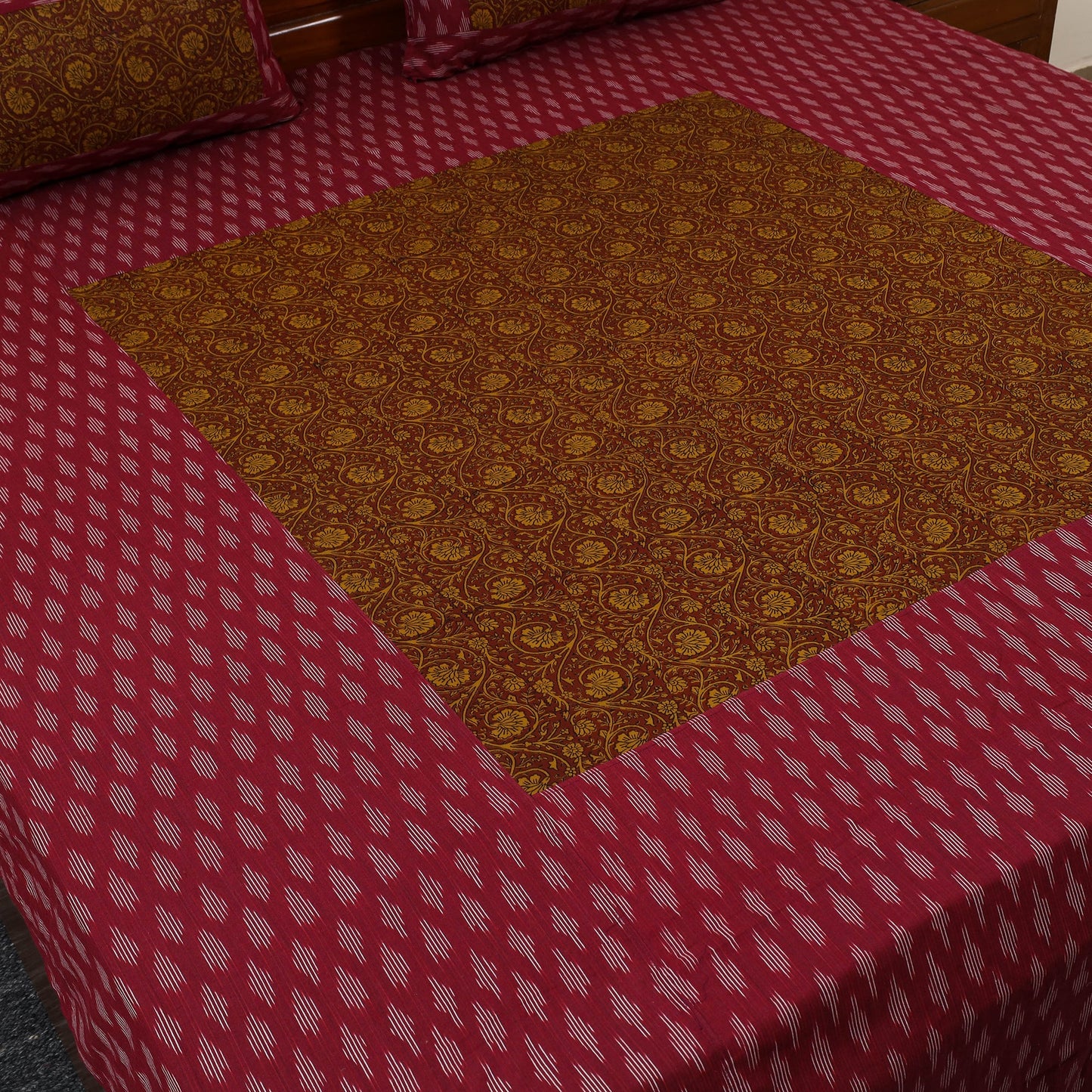 Maroon Pochampally Ikat with Bagh Patch Cotton Bedsheet Set