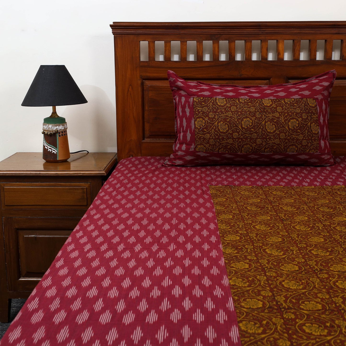 Maroon Pochampally Ikat with Bagh Patch Cotton Bedsheet Set