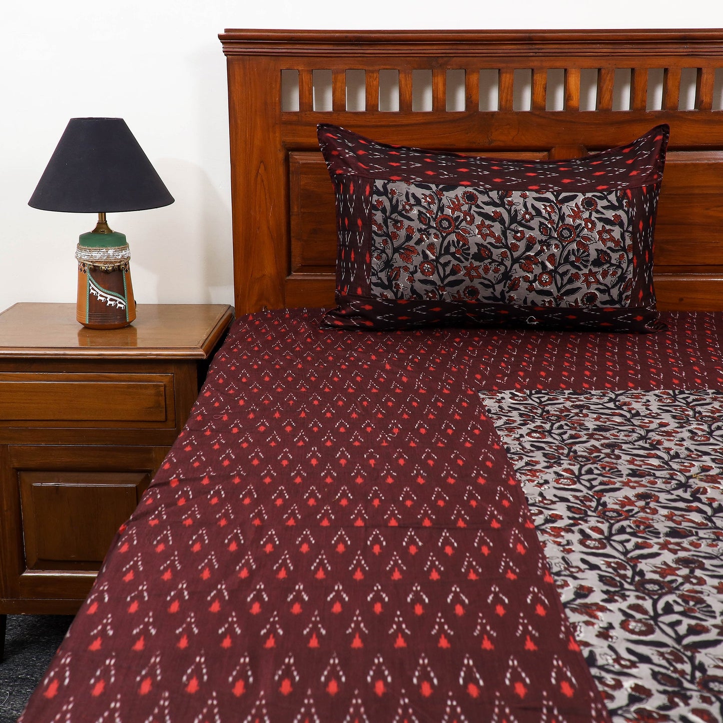 Buy Pochampally Ikat with Bagru Patch Cotton Bedsheet Set 