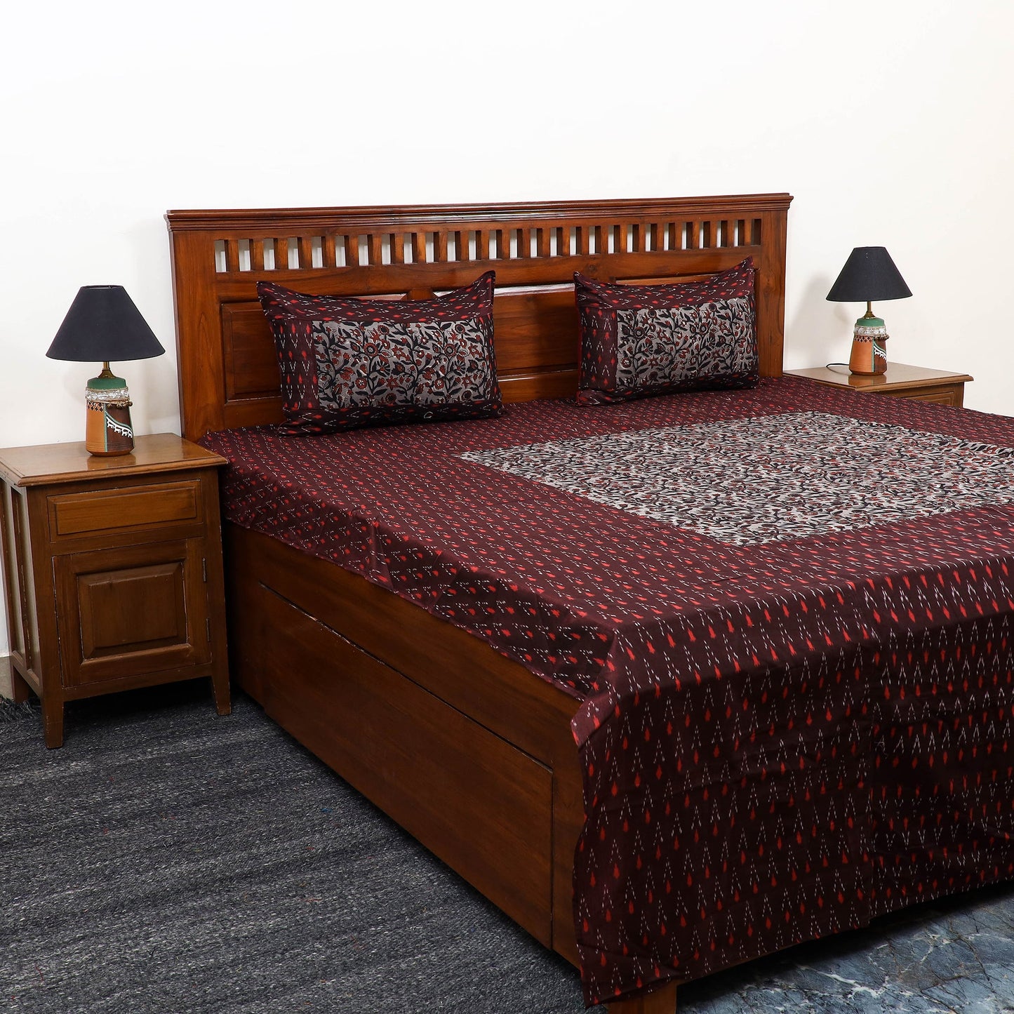 Buy Pochampally Ikat with Bagru Patch Cotton Bedsheet Set 