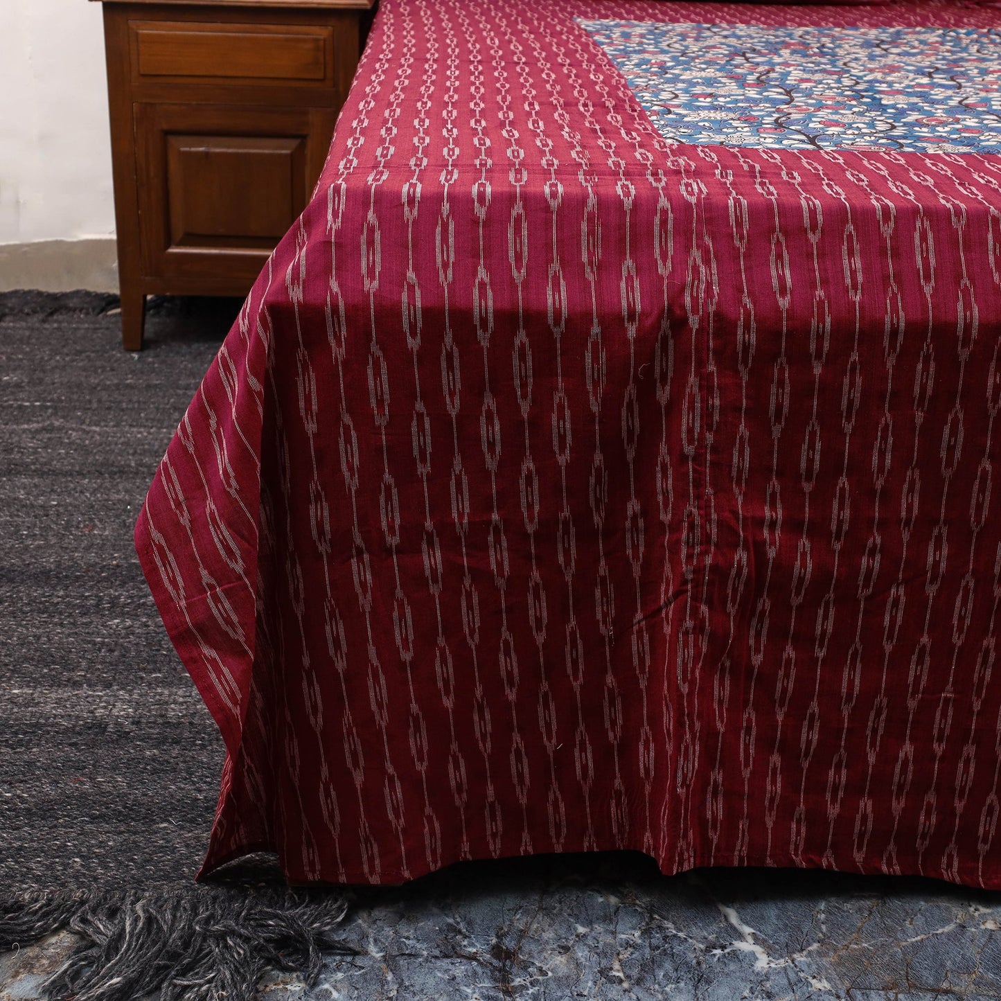 Maroon Pochampally Ikat with Kalamkari Patch Cotton Bedsheet Set