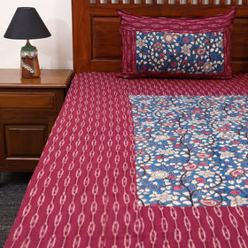 Maroon Pochampally Ikat with Kalamkari Patch Cotton Bedsheet Set