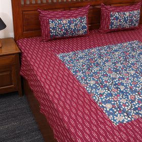 Maroon Pochampally Ikat with Kalamkari Patch Cotton Bedsheet Set