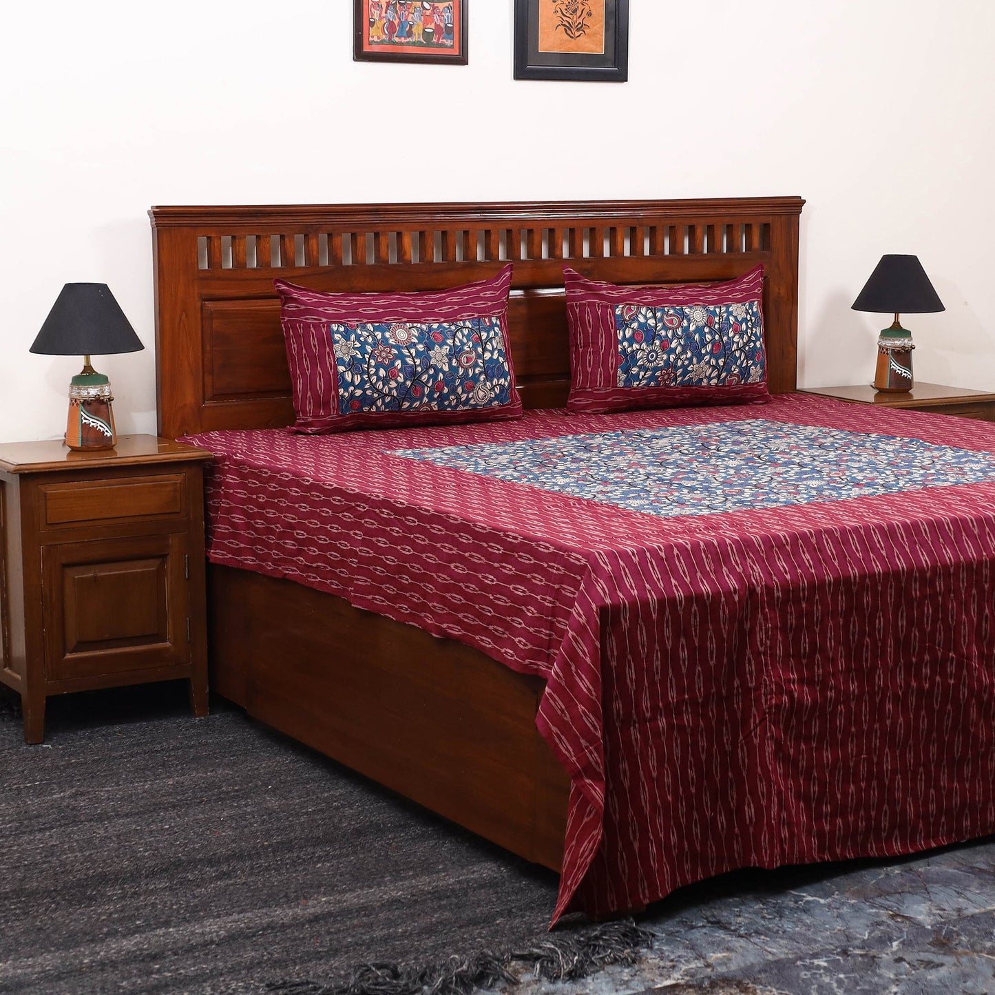 Maroon Pochampally Ikat with Kalamkari Patch Cotton Bedsheet Set