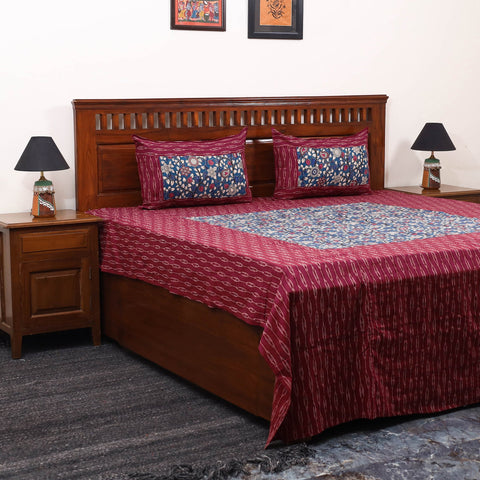 Maroon Pochampally Ikat with Kalamkari Patch Cotton Bedsheet Set