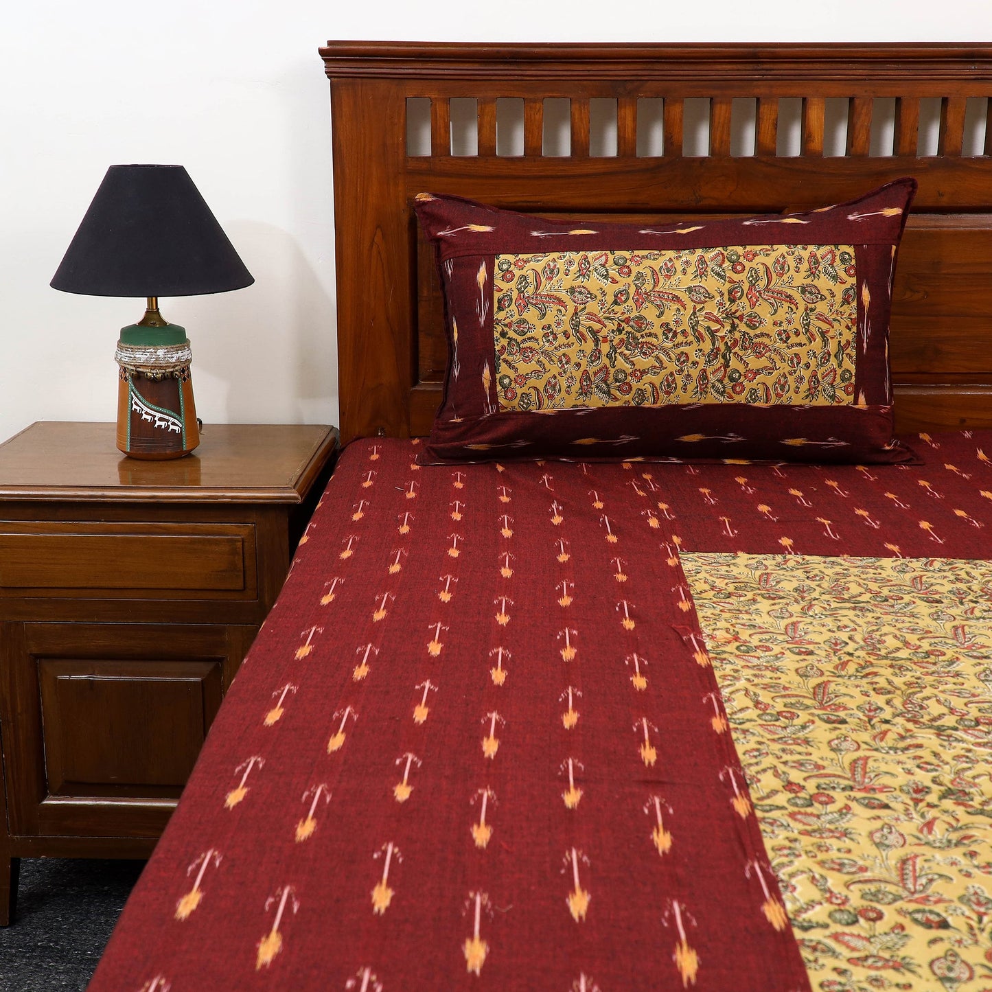 Maroon - pochampally ikat with kalamkari patch cotton