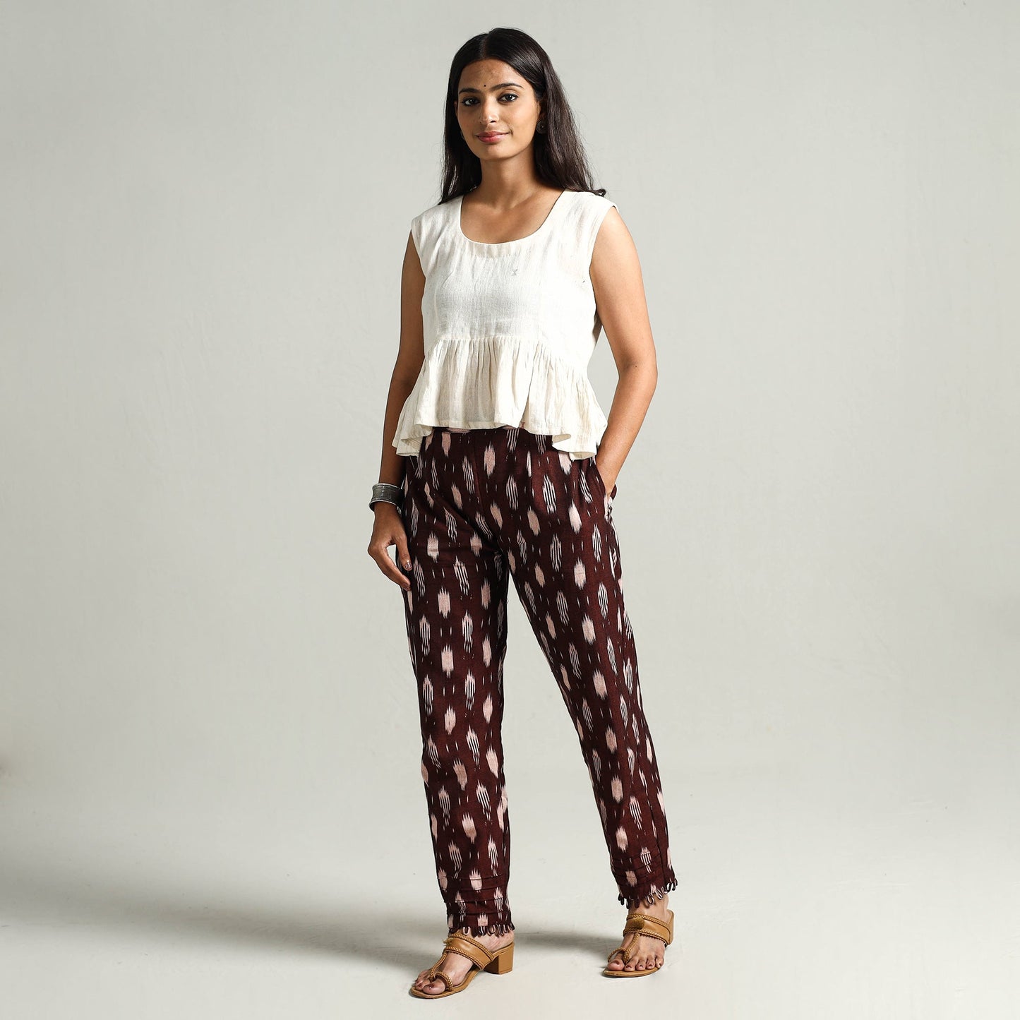 Maroon - Pochampally Ikat Weave Cotton Elasticated Pant 05