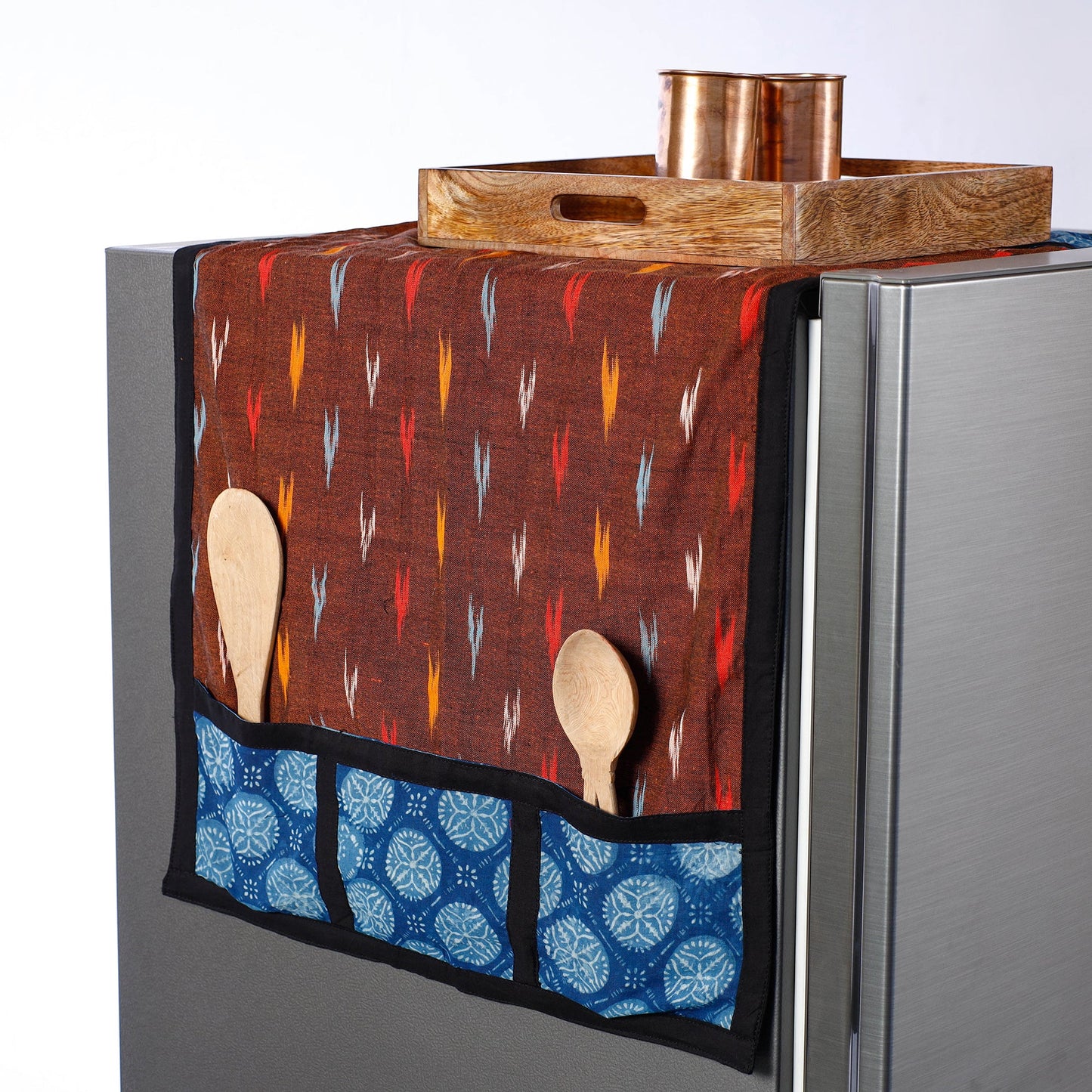 Maroon Pochampally Ikat Weave  Cotton Fridge Top Cover with Multiple Pockets 