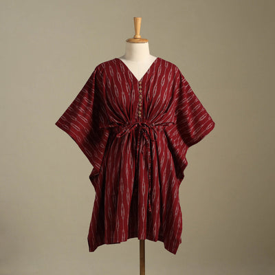Maroon Pochampally Ikat Weave Cotton Kaftan (Medium)