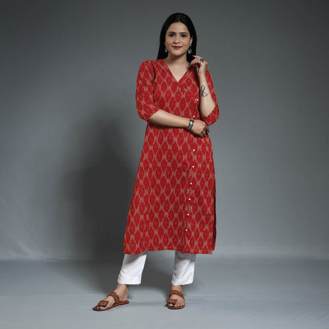 Maroon - pochampally ikat weave cotton long kurta