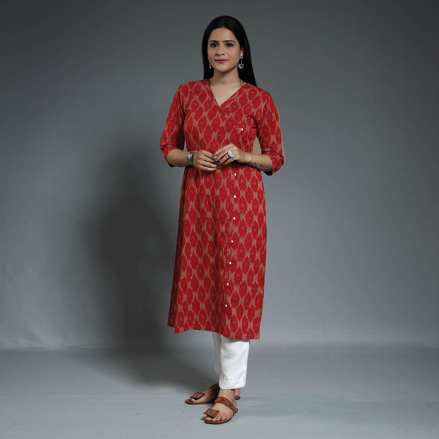 Maroon - pochampally ikat weave cotton long kurta