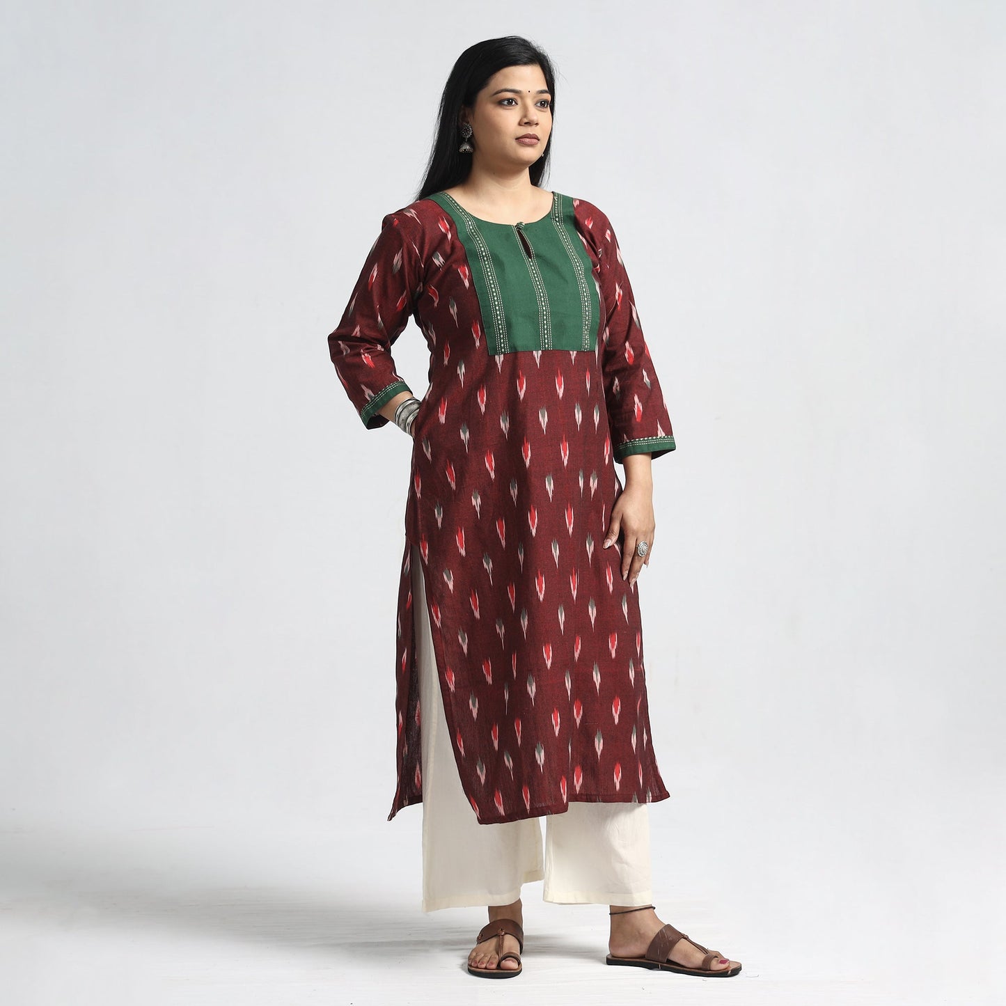 Buy Pochampally Ikat Weave Cotton Straight Kurta with Jacquard Patchwork Online at iTokri.com