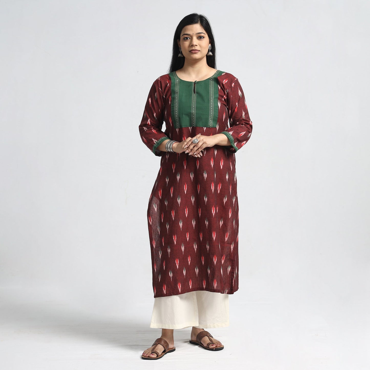 Buy Pochampally Ikat Weave Cotton Straight Kurta with Jacquard Patchwork Online at iTokri.com