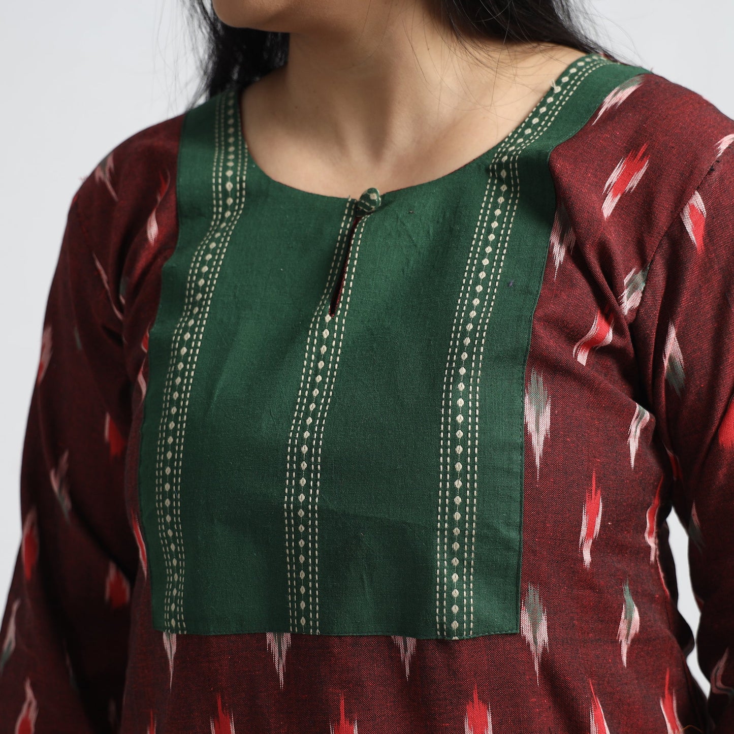 Buy Pochampally Ikat Weave Cotton Straight Kurta with Jacquard Patchwork Online at iTokri.com