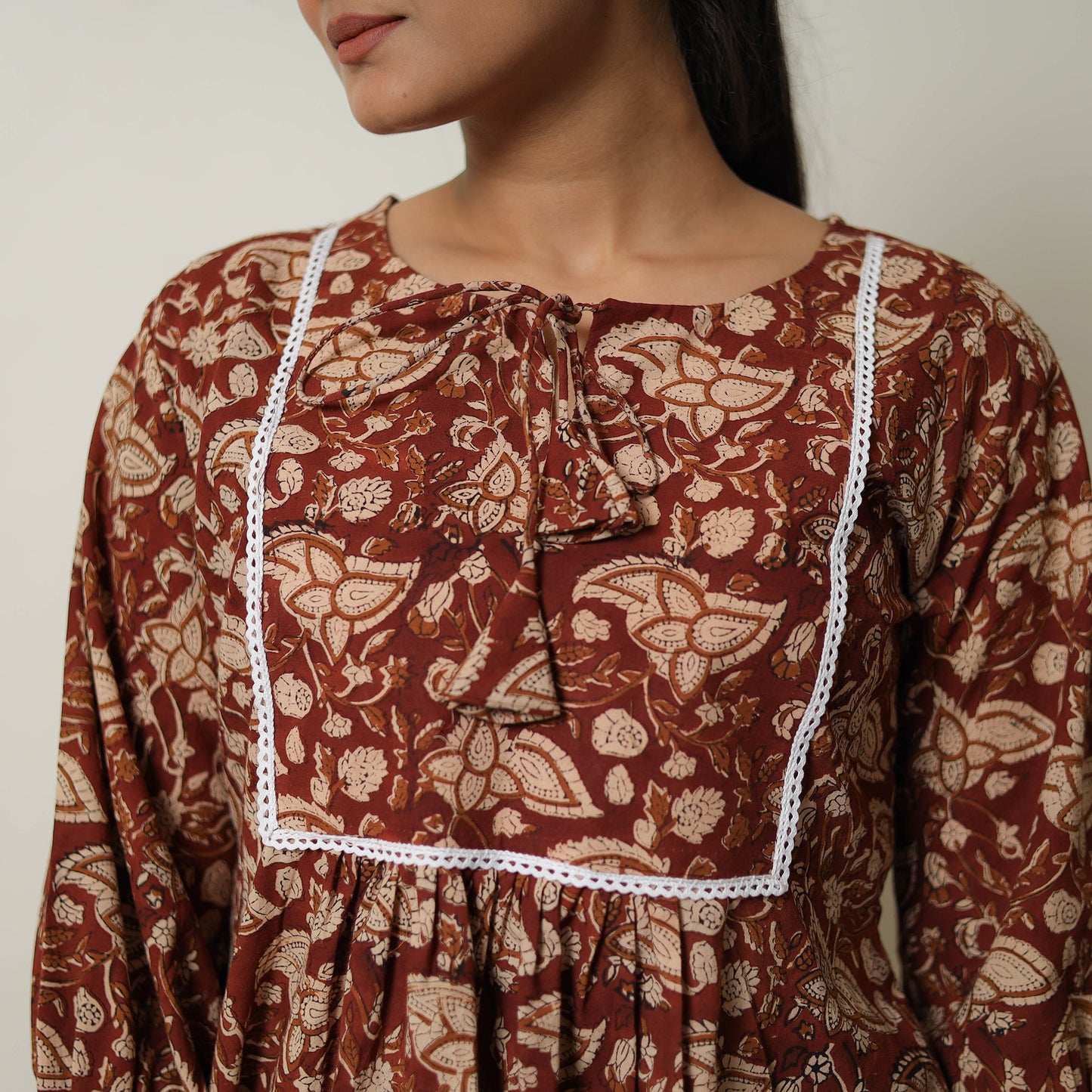 Maroon - printed cotton bagru co-ord set with lace work 04