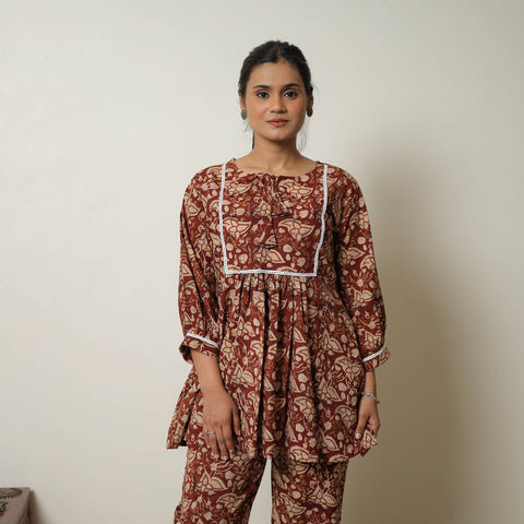Maroon - printed cotton bagru co-ord set with lace work 04