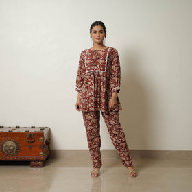 Maroon - printed cotton bagru co-ord set with lace work 04