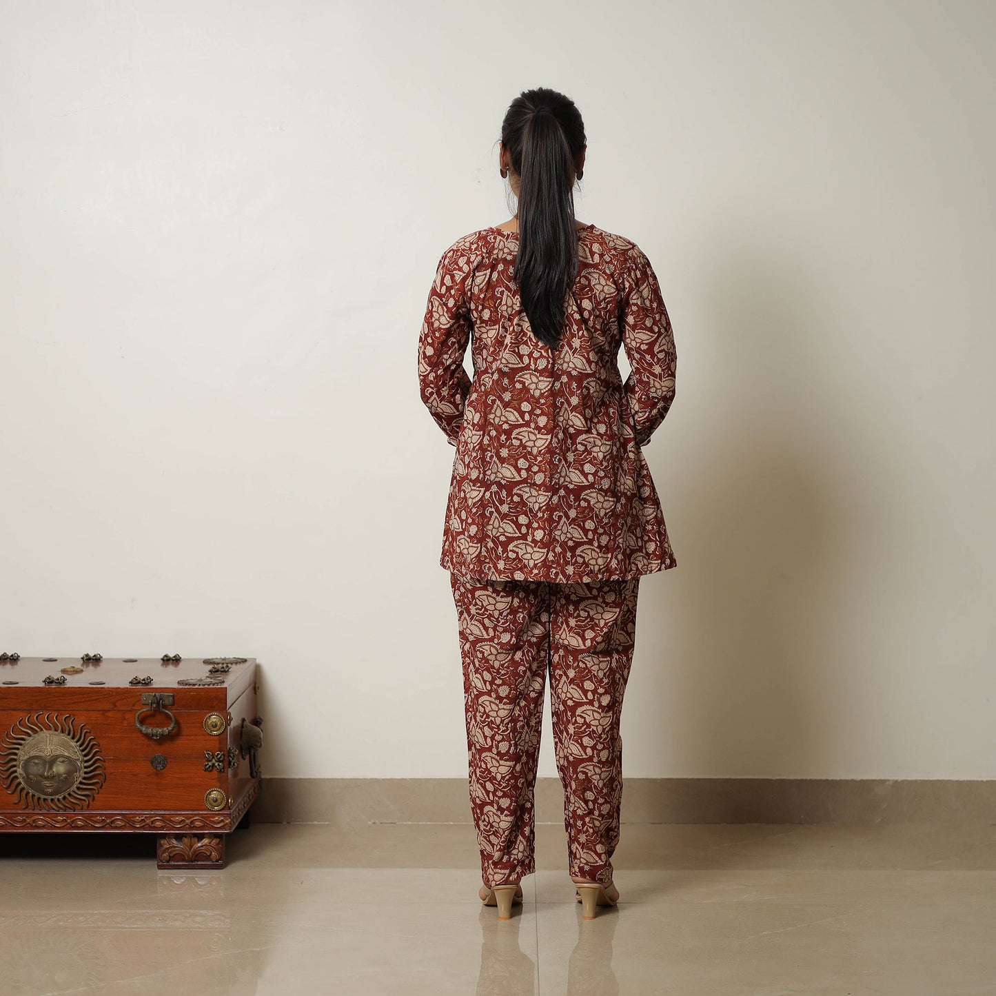 Maroon - printed cotton bagru co-ord set with lace work 04