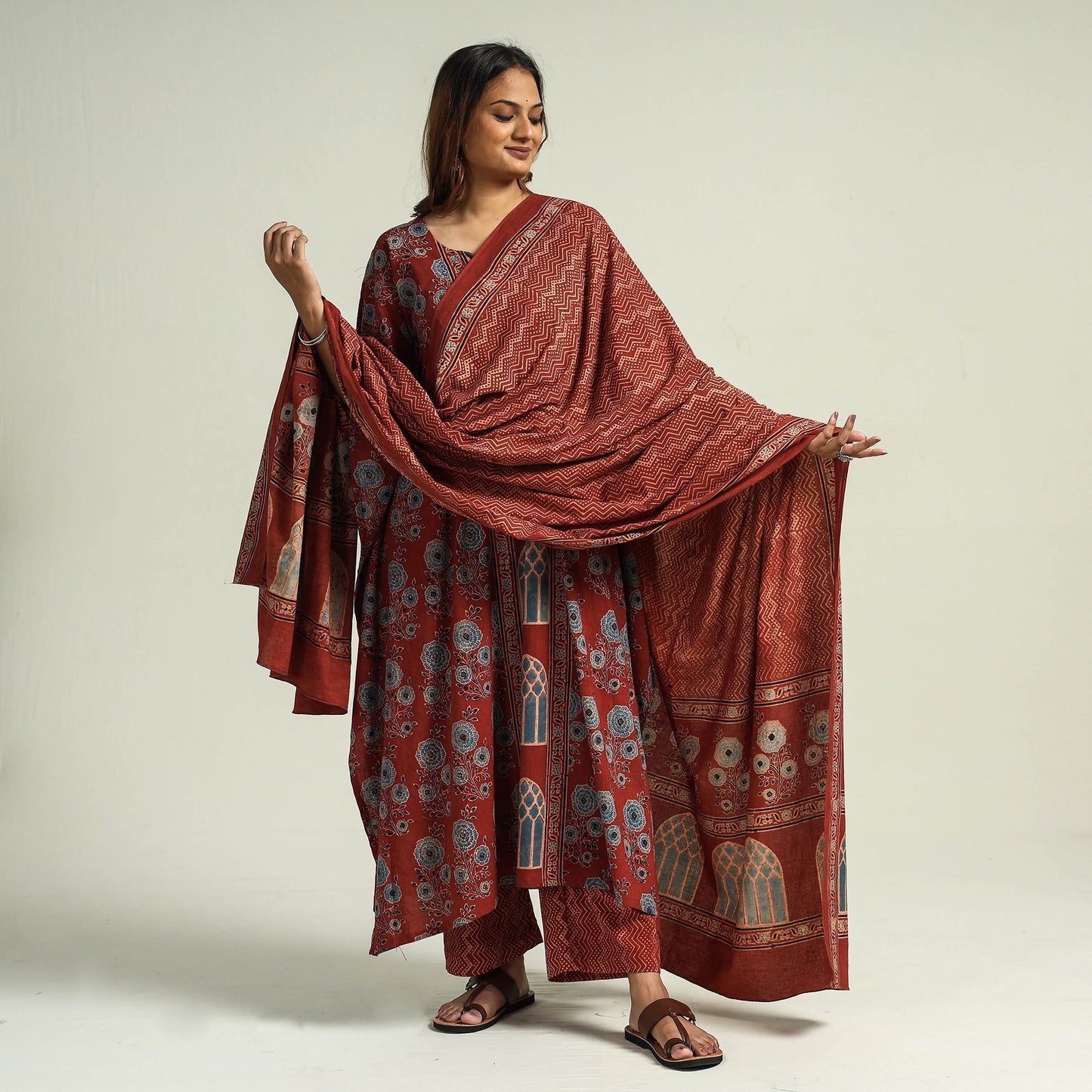 Ajrakh Kaftan with Palazzo & Dupatta Set
