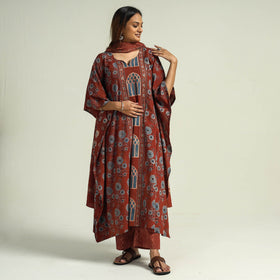 Ajrakh Kaftan with Palazzo & Dupatta Set
