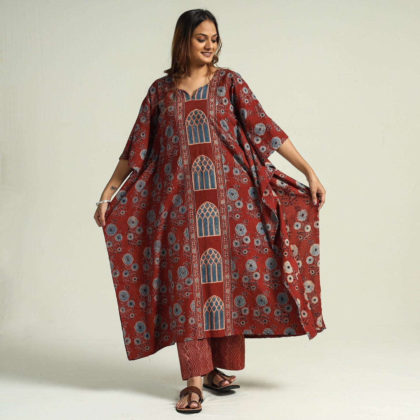 Ajrakh Kaftan with Palazzo & Dupatta Set

