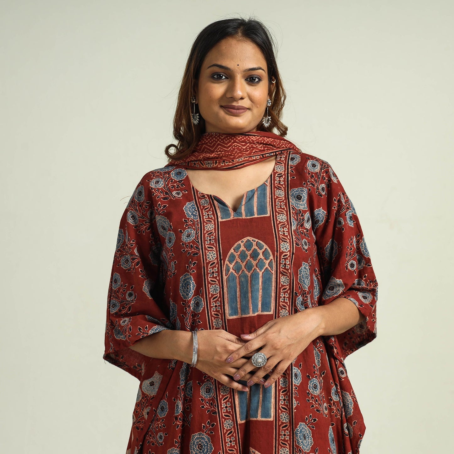 Ajrakh Kaftan with Palazzo & Dupatta Set
