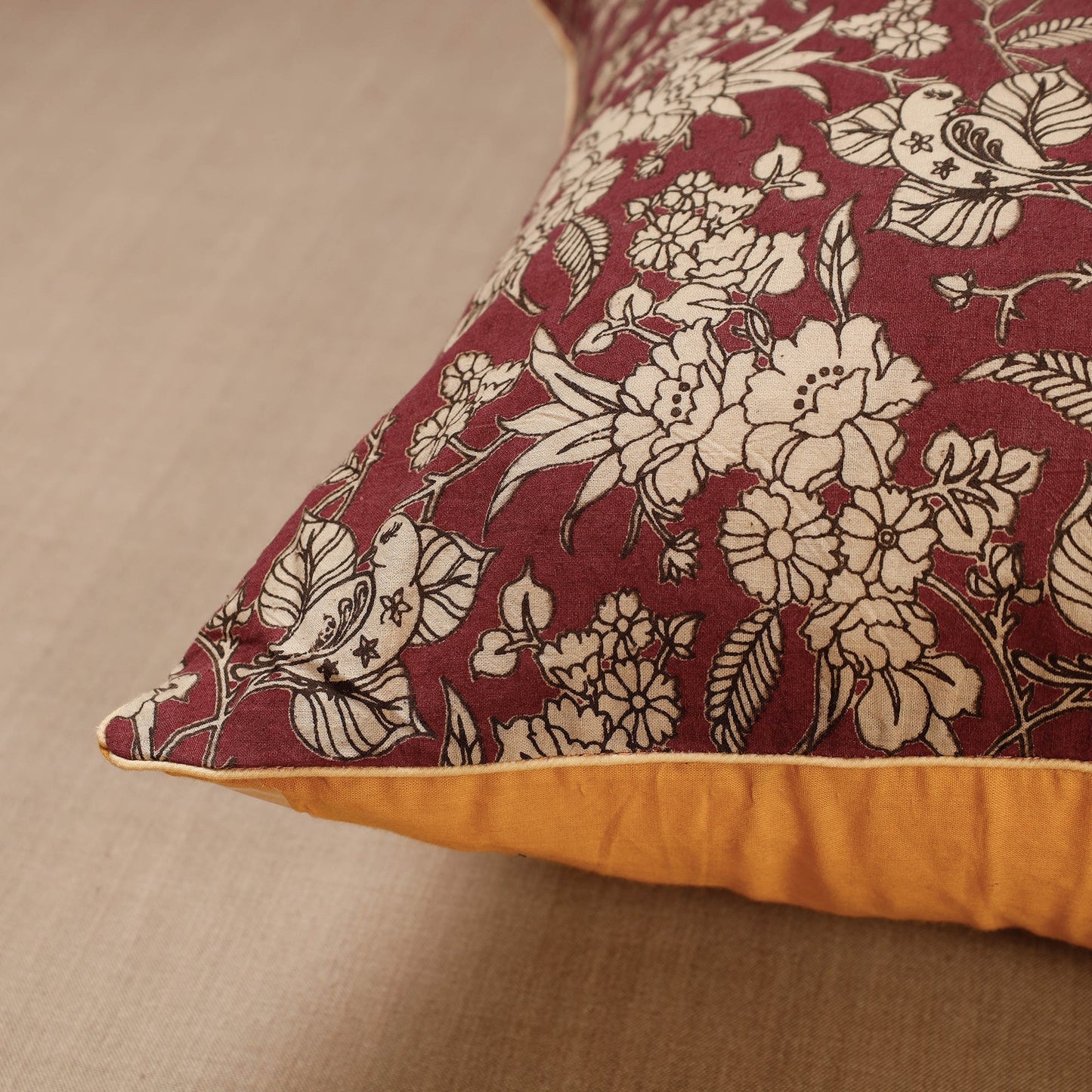 Maroon Block Print Cotton Kalamkari Cushion Cover