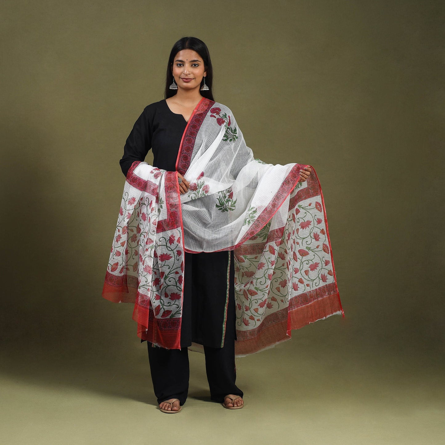  Maroon Block Printed Kota Doria Cotton Sanganeri Dupatta