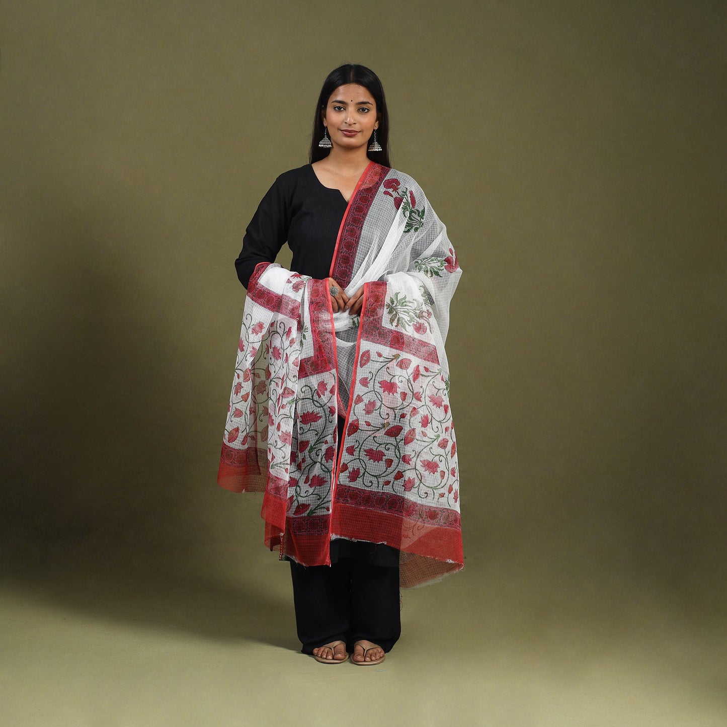  Maroon Block Printed Kota Doria Cotton Sanganeri Dupatta