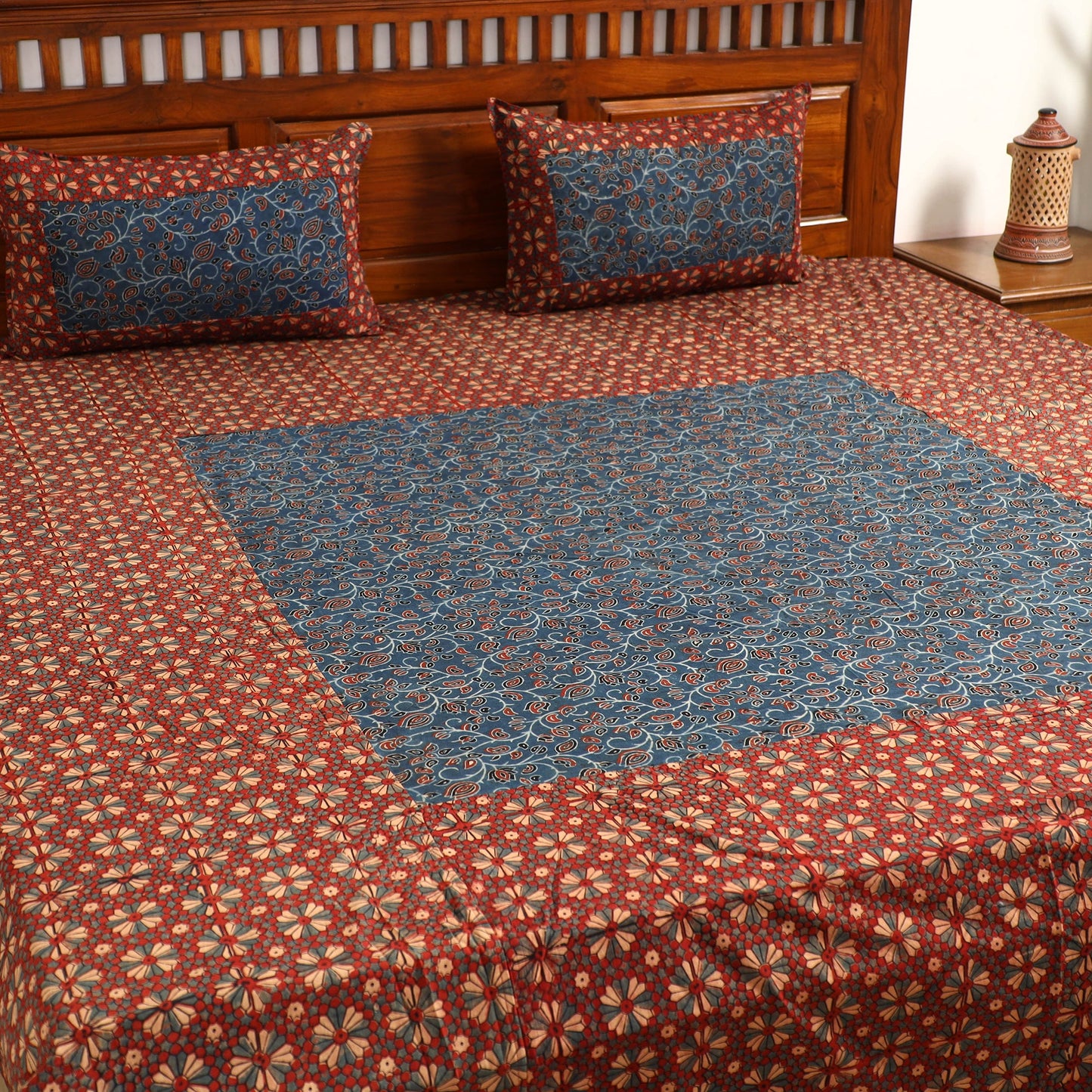  Ajrakh Block Printed Patchwork Cotton Double Bed Cover with Pillow Covers 