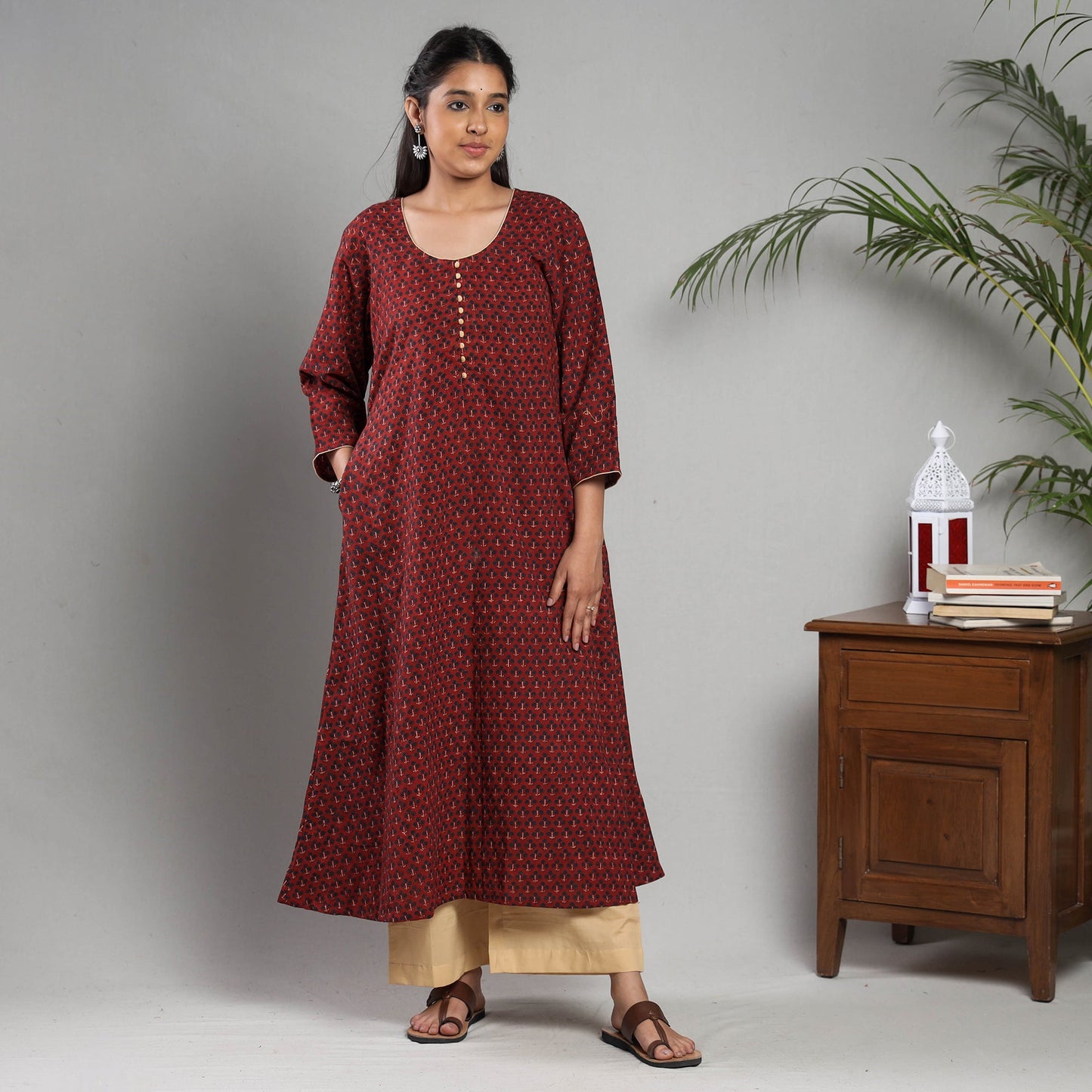 Maroon printing cotton kurta with palazzo set - handcrafted
