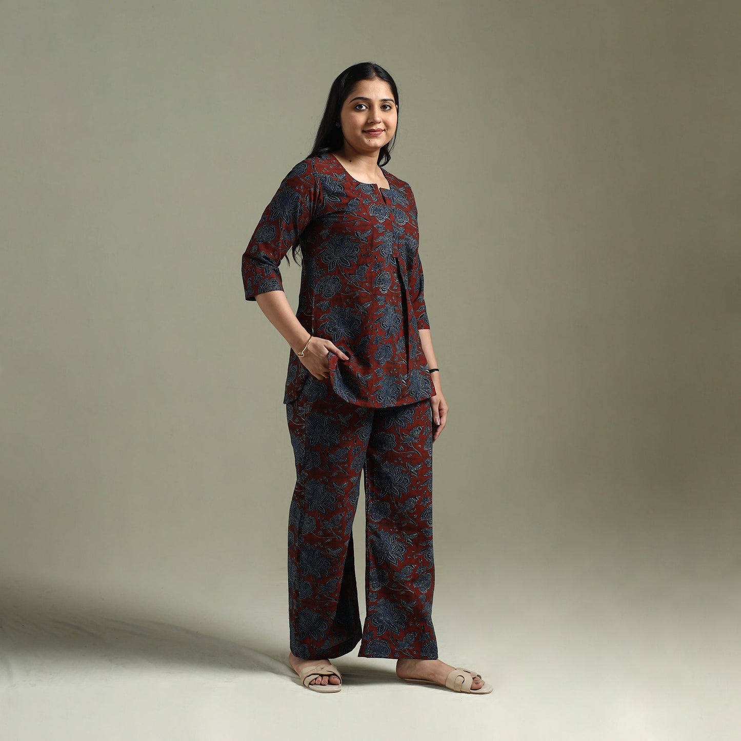 Pure cotton natural dyed ajrakh hand block print night suit