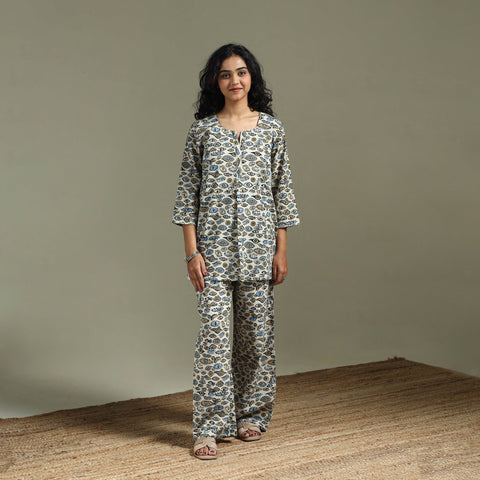 Pure cotton natural dyed ajrakh hand block print night suit