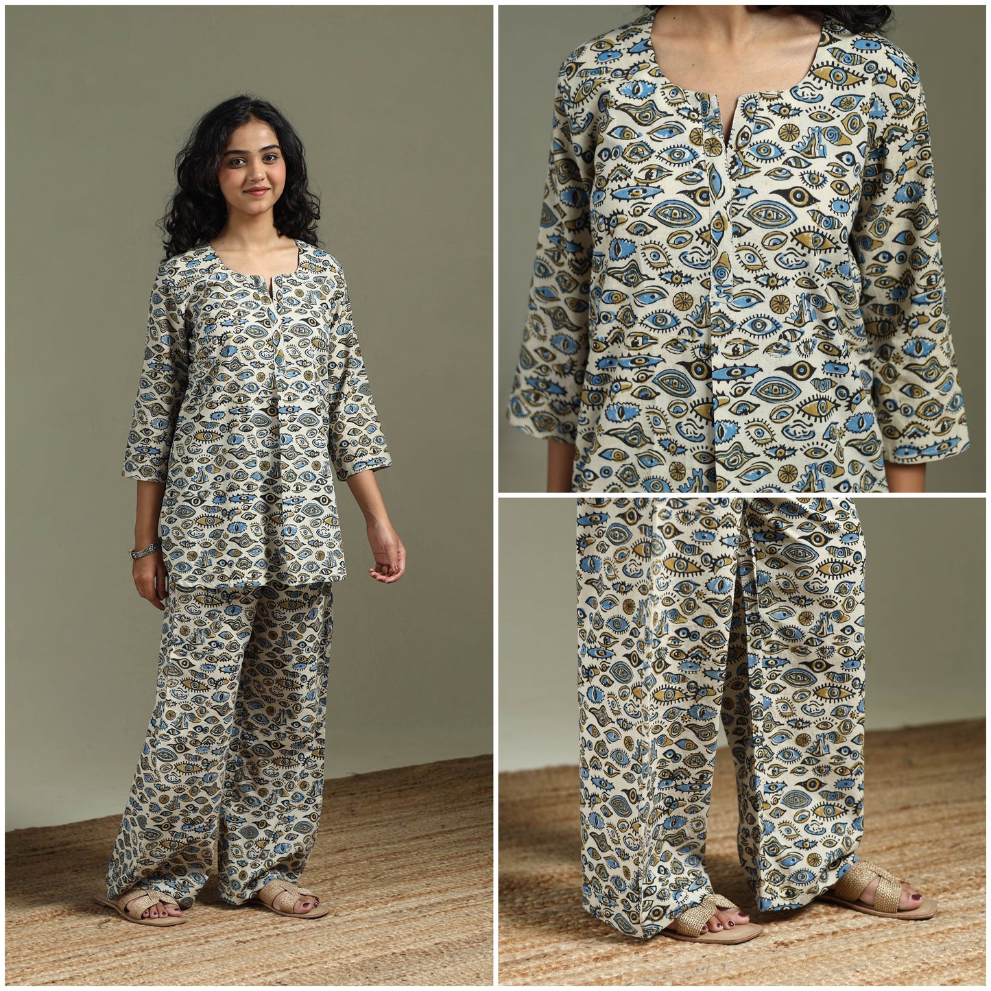 Pure cotton natural dyed ajrakh hand block print night suit
