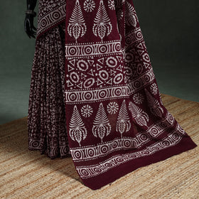 Maroon - pure mul cotton hand block batik print saree 27